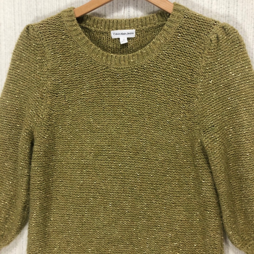 Calvin Klein Jeans Sweater Womens L Olive Green Metallic Knit 3/4 Sleeve‎